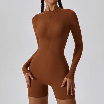 Long-Sleeve Zipper Romper - Caramel