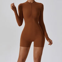 Long-Sleeve Zipper Romper - Caramel