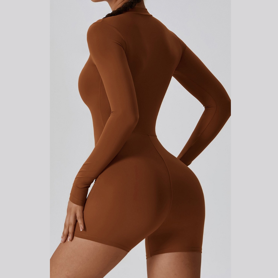 Long-Sleeve Zipper Romper - Caramel