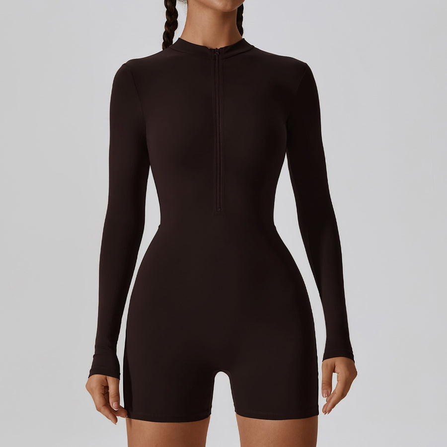 Long-Sleeve Zipper Romper - Dark Coffee