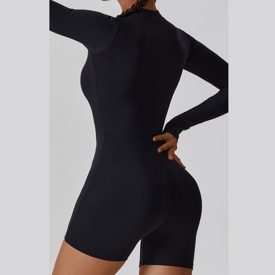 Long-Sleeve Zipper Romper - Black