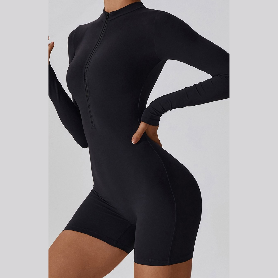 Long-Sleeve Zipper Romper - Black