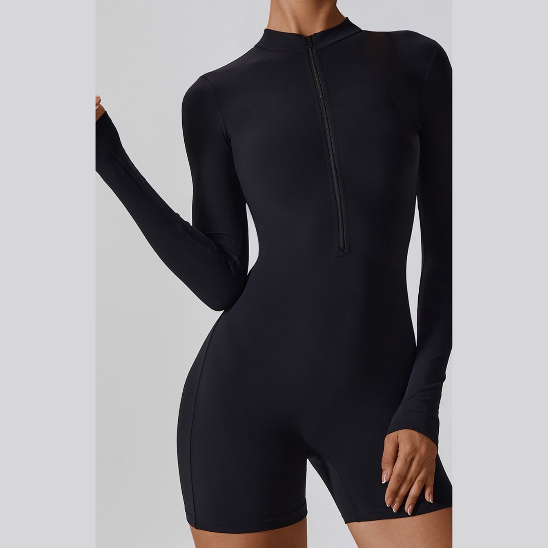 Long-Sleeve Zipper Romper - Black