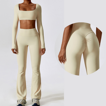 Long Sleeve Scrunch Flared Legging Set - Cream White