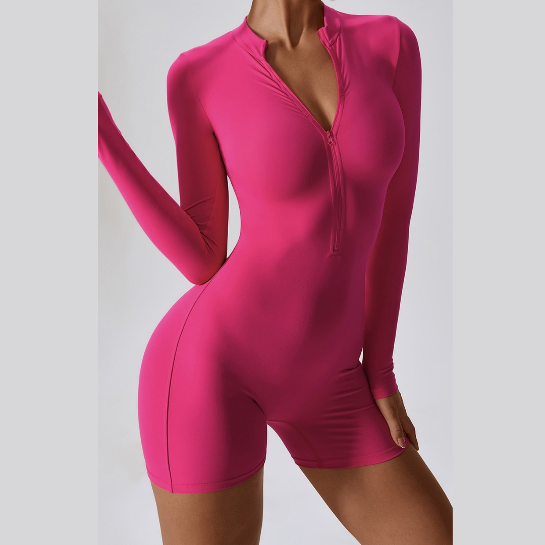 Long-Sleeve Zipper Romper - Megenta