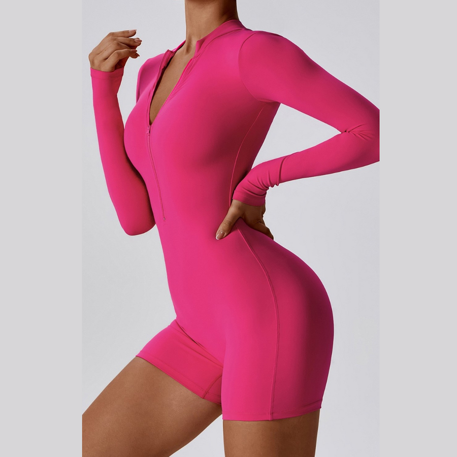 Long-Sleeve Zipper Romper - Megenta