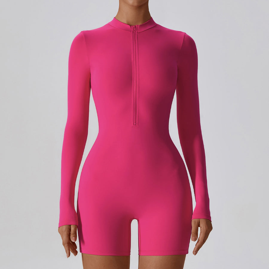 Long-Sleeve Zipper Romper - Megenta