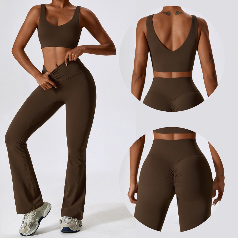 Deep V Flared Legging Set - Coffee