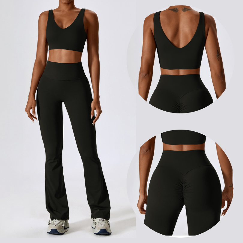 Deep V Flared Legging Set - Black