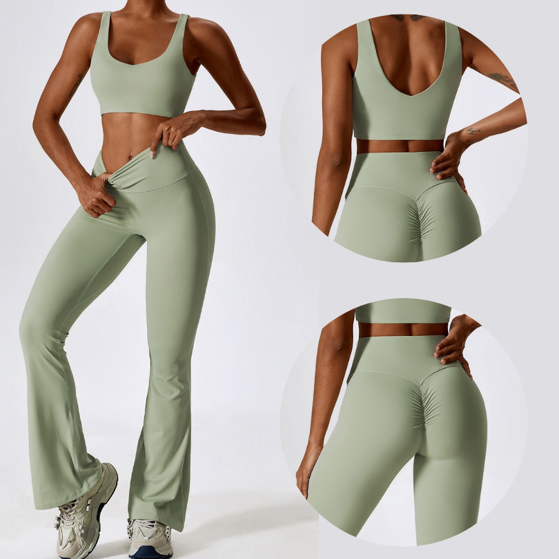 Deep V Flared Legging Set - Mint Green